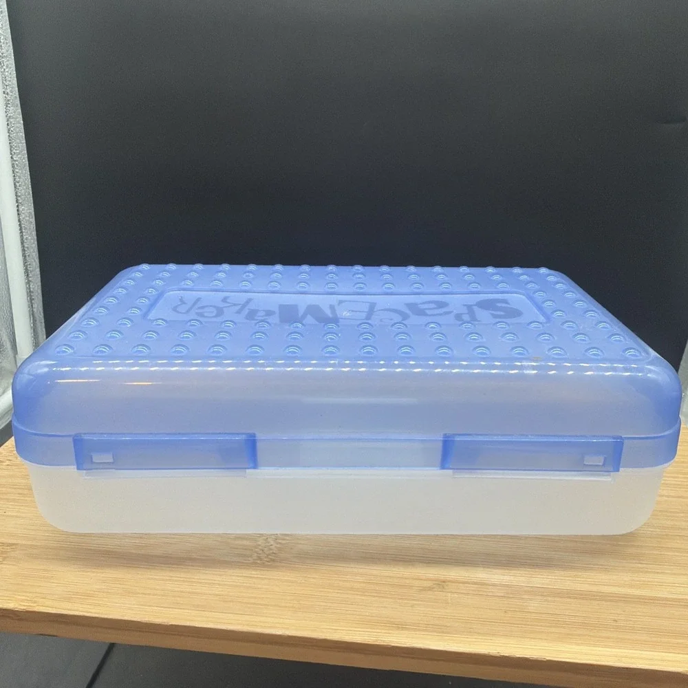 Vintage 90's Spacemaker Plastic Pencil Pen Storage Case Box Blue And Clear